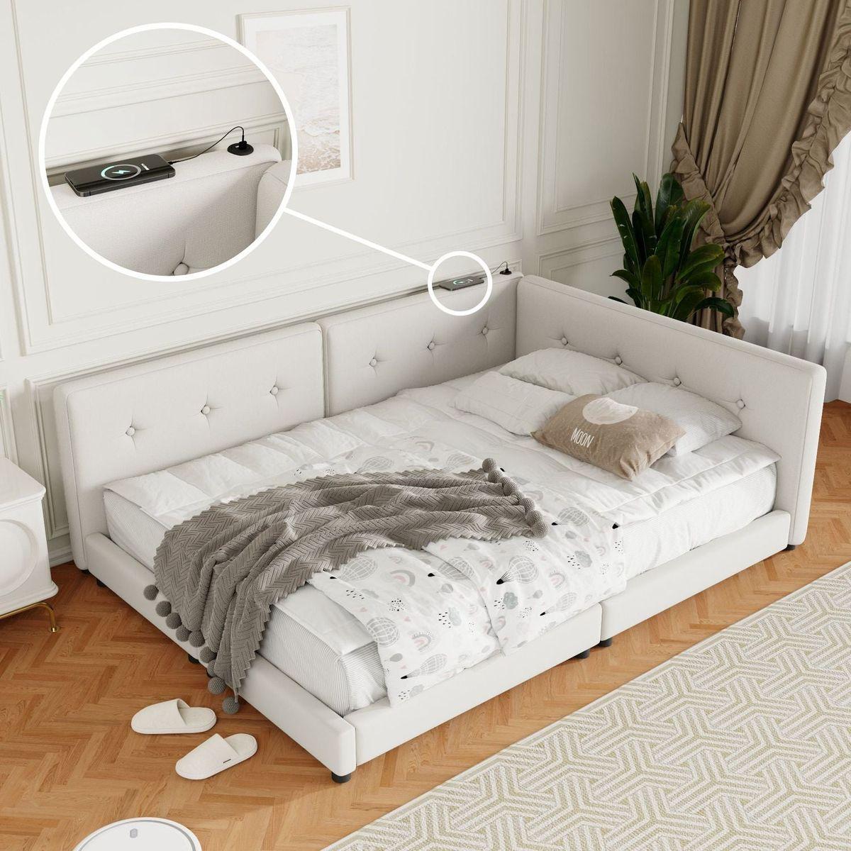 Upholstered Queen Size platform bed with USB Ports, Beige