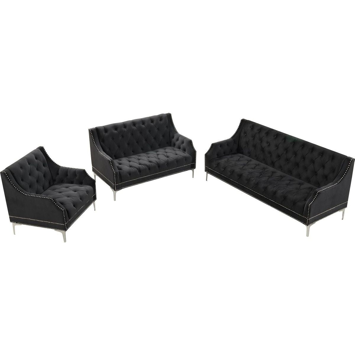 Modern three-piece sofa set with metal legs, buttoned tufted backrest, frosted velvet upholstered sofa set including three-seater sofa, double seater and living room furniture set Single chair