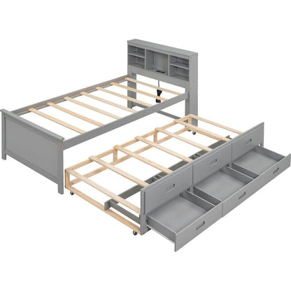 Twin Size Platform Bed with Storage Headboard, USB, Twin Size Trundle and 3 Drawers, Gray