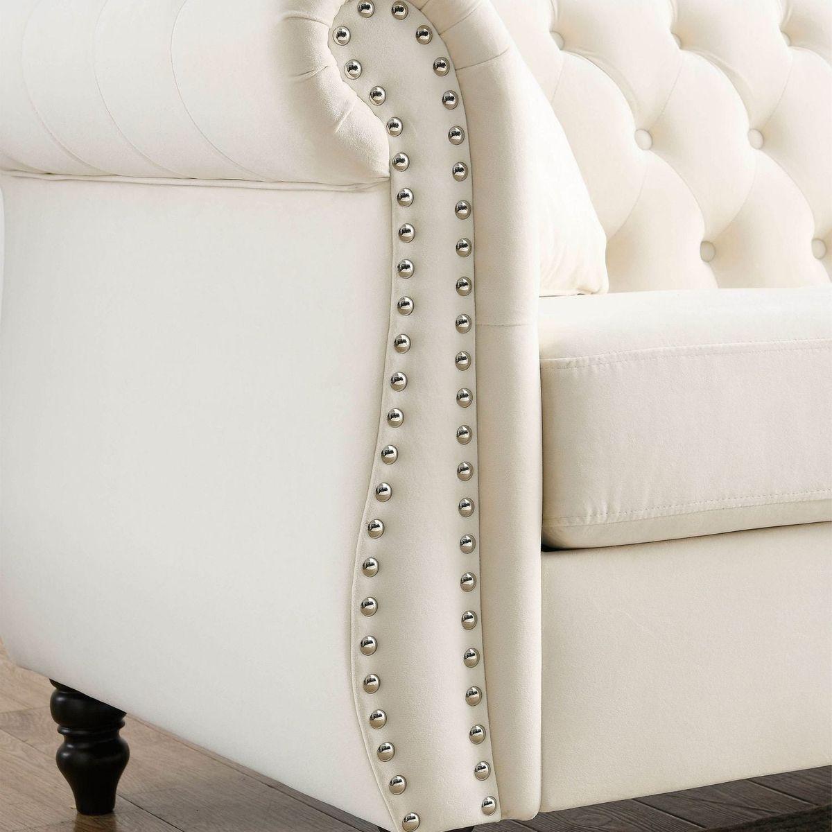 80" Chesterfield Sofa Beige Velvet for Living Room, 3 Seater Sofa Tufted Couch with Rolled Arms and Nailhead for Living Room, Bedroom, Office, Apartment, two pillows
