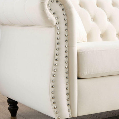 80" Chesterfield Sofa Beige Velvet for Living Room, 3 Seater Sofa Tufted Couch with Rolled Arms and Nailhead for Living Room, Bedroom, Office, Apartment, two pillows