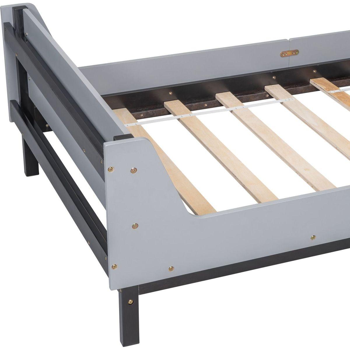 Twin Bed with Headboard, Footboard, Safeguards, Built-in Bed-end Book Storage Rack, Grey