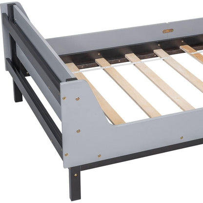 Twin Bed with Headboard, Footboard, Safeguards, Built-in Bed-end Book Storage Rack, Grey