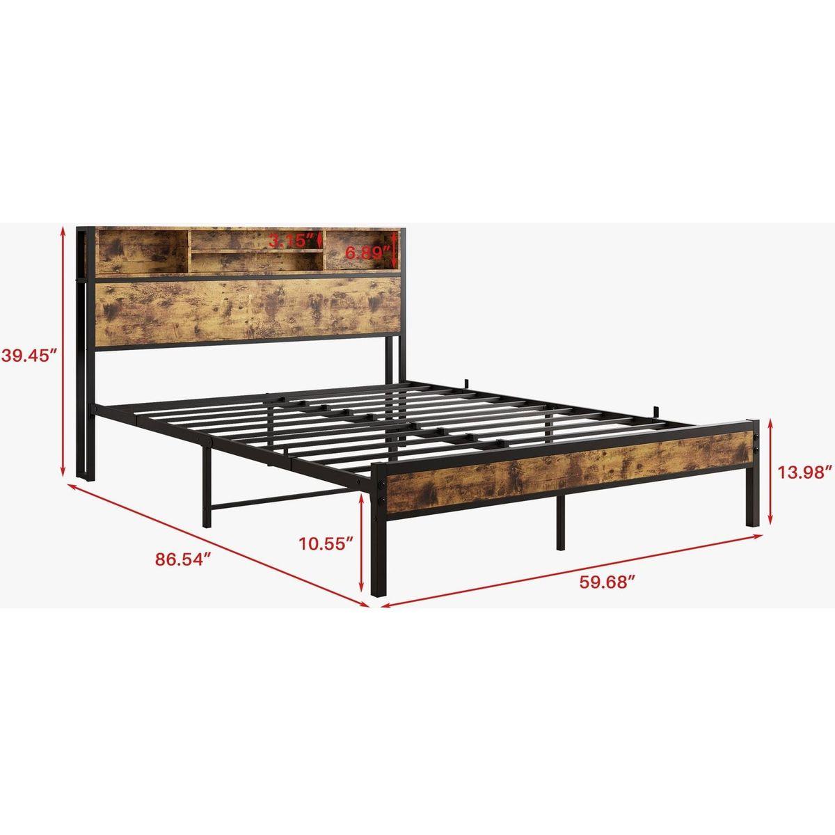 Queen Bed Frame with Storage Headboard, Metal Platform Bed with Charging Station, Bookcase Storage, No Box Spring Needed, Easy Assembly, Noise-Free, Black