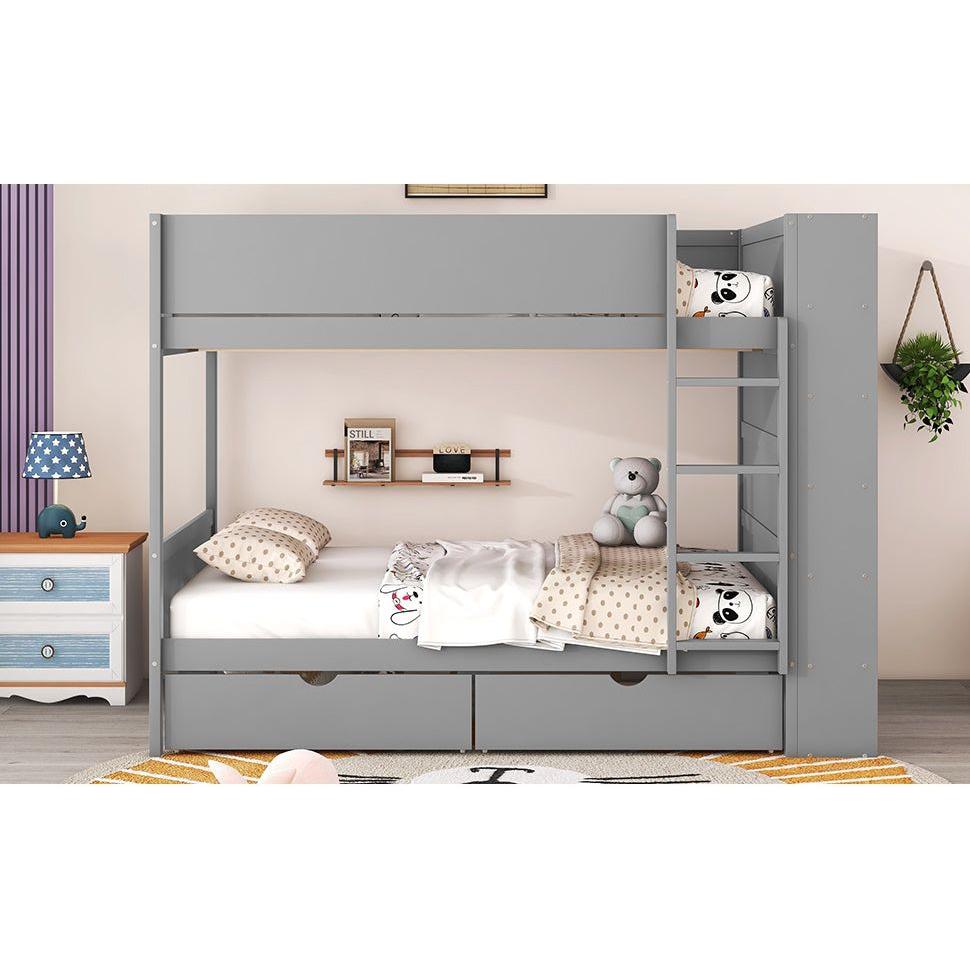 Full over Full Bunk Bed With 2 Drawers and Multi-layer Cabinet, Gray