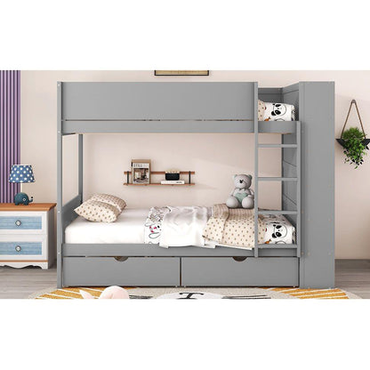 Full over Full Bunk Bed With 2 Drawers and Multi-layer Cabinet, Gray