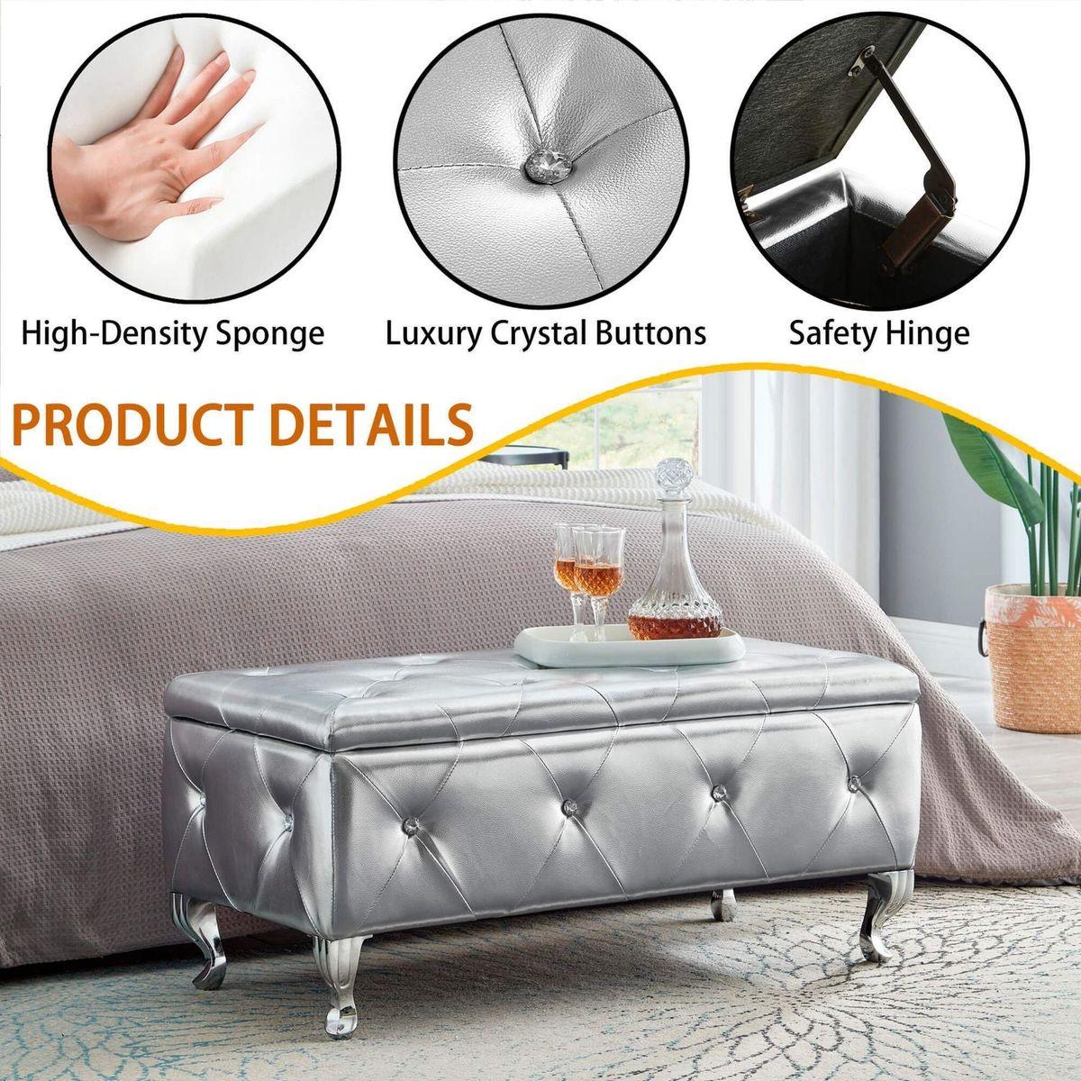Upholstered Storage Ottoman Bench For Bedroom End Of Bed Faux Leather Rectangular Storage Benches Footrest With Crystal Buttons For Living Room Entryway (Silver)