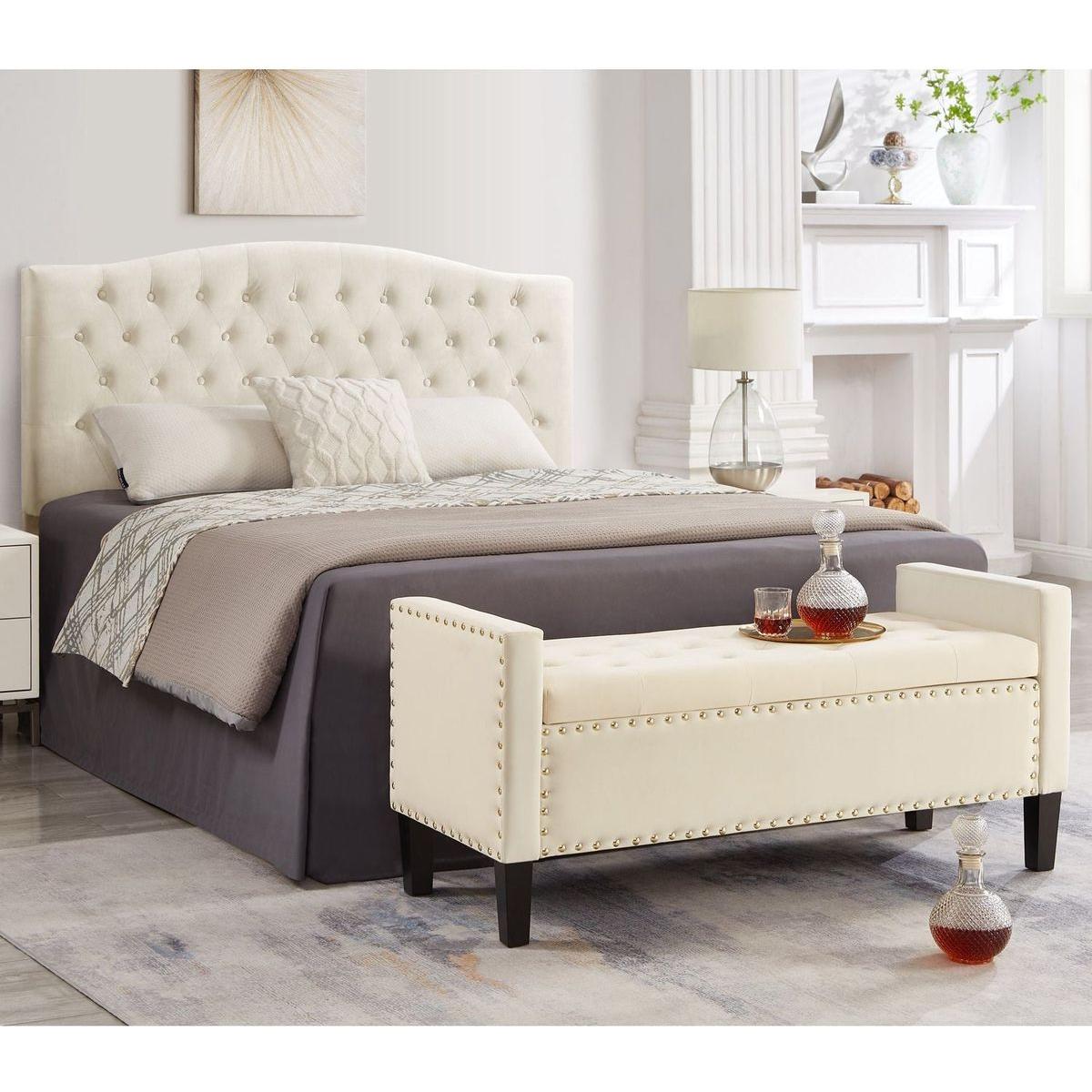 Upholstered Tufted Button Storage Bench with nails trim,Entryway Living Room Soft Padded Seat with Armrest,Bed Bench - Cream