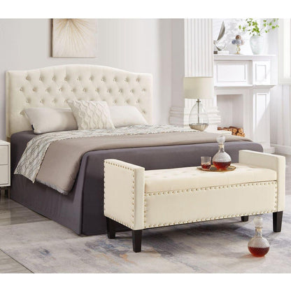 Upholstered Tufted Button Storage Bench with nails trim,Entryway Living Room Soft Padded Seat with Armrest,Bed Bench - Cream