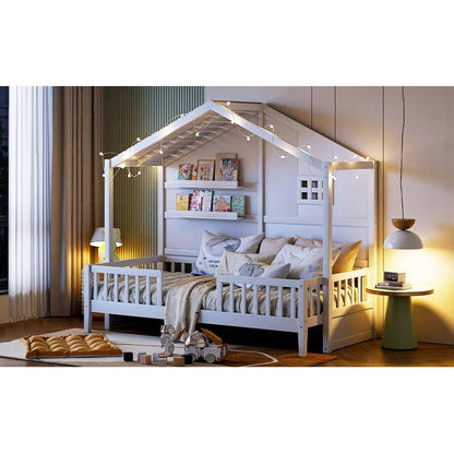 Twin Size House Bed with Shelves, House Bed with Window and Sparkling Light Strip on the Roof, White