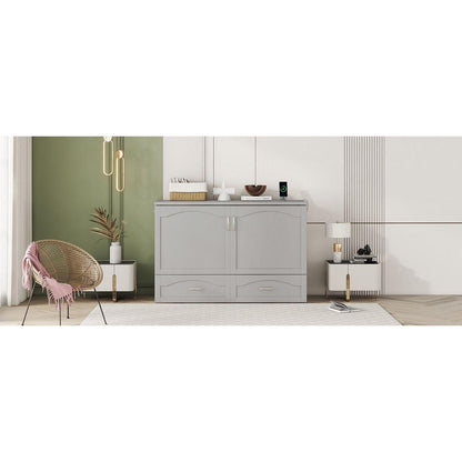 Queen Size Murphy Bed Wall Bed with drawer and a set of Sockets & USB Ports, Pulley Structure Design, Gray