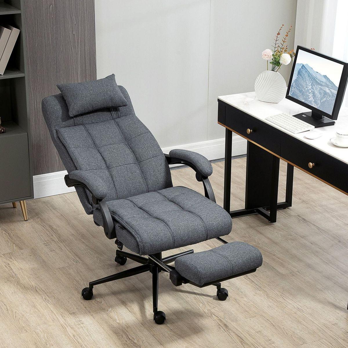 Executive Linen-Feel Fabric Office Chair High Back Swivel Task Chair with Adjustable Height Upholstered Retractable Footrest, Headrest and Padded Armrest, Dark Grey