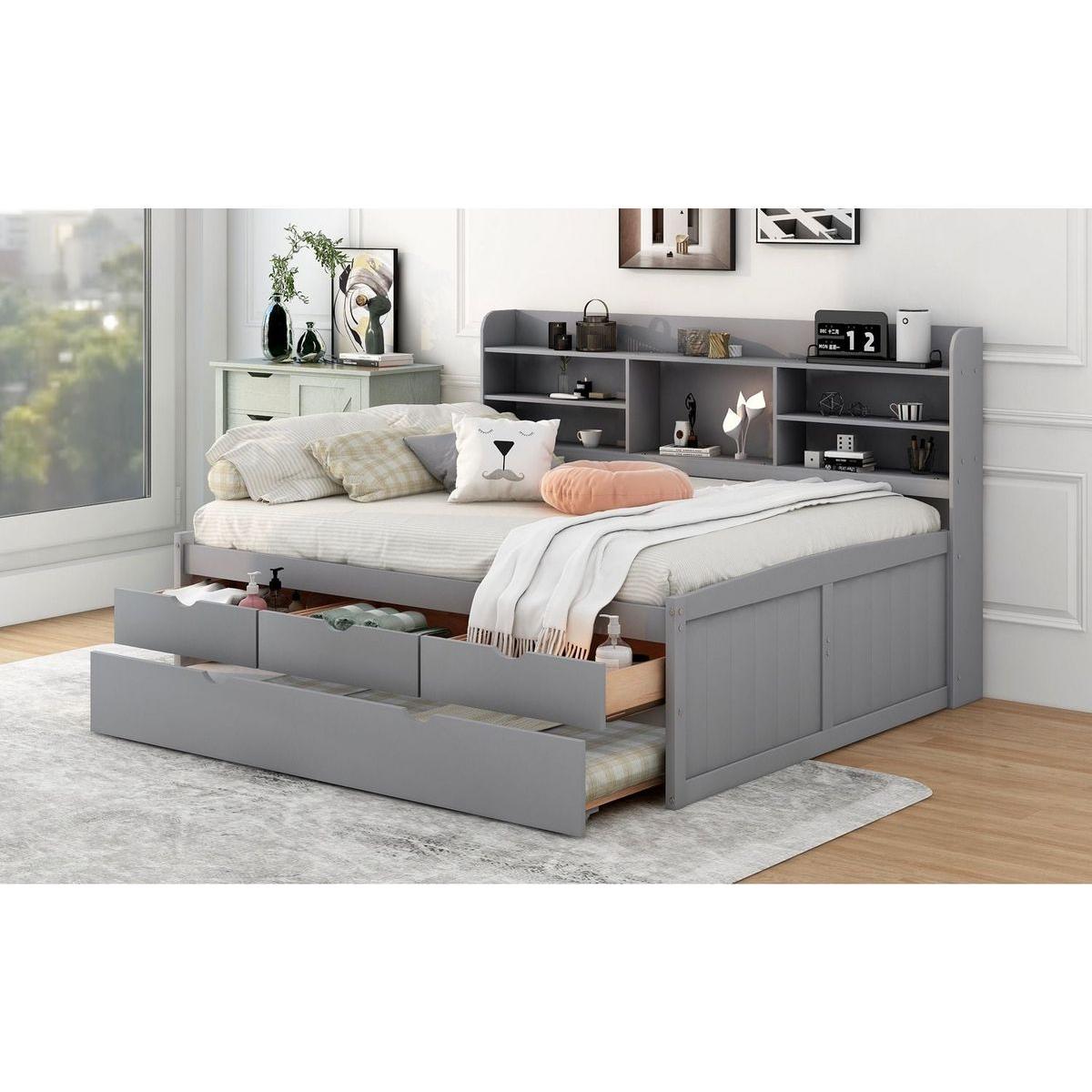 Full Size Wooden Captain Bed with Built-in Bookshelves,Three Storage Drawers and Trundle,Light Grey
