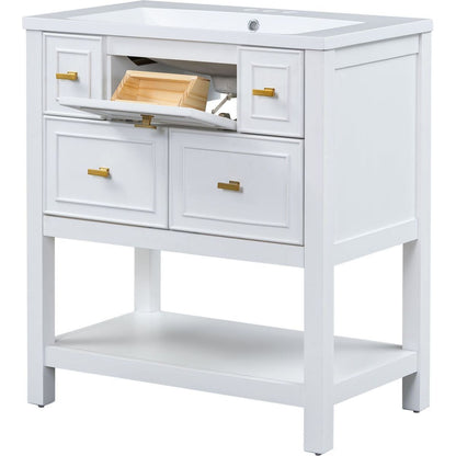 30" Bathroom Vanity with Resin Sink Combo, Free Standing Single Vanity Set with 5 Drawers, Solid Wood Frame Bathroom Storage Cabinet, White