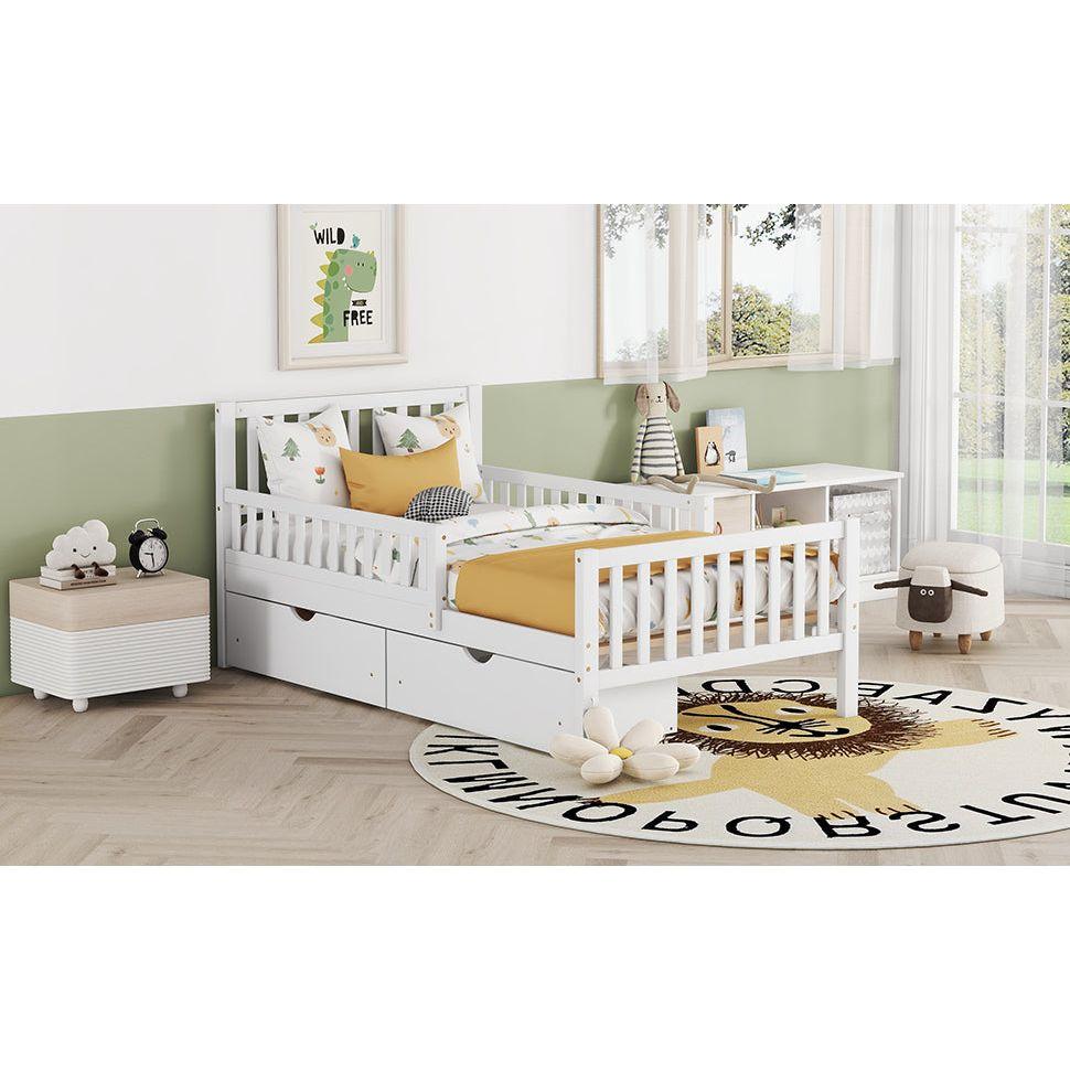 Twin Size Wood Platform Bed with Guardrails on Both Sides and Two Storage Drawers, White