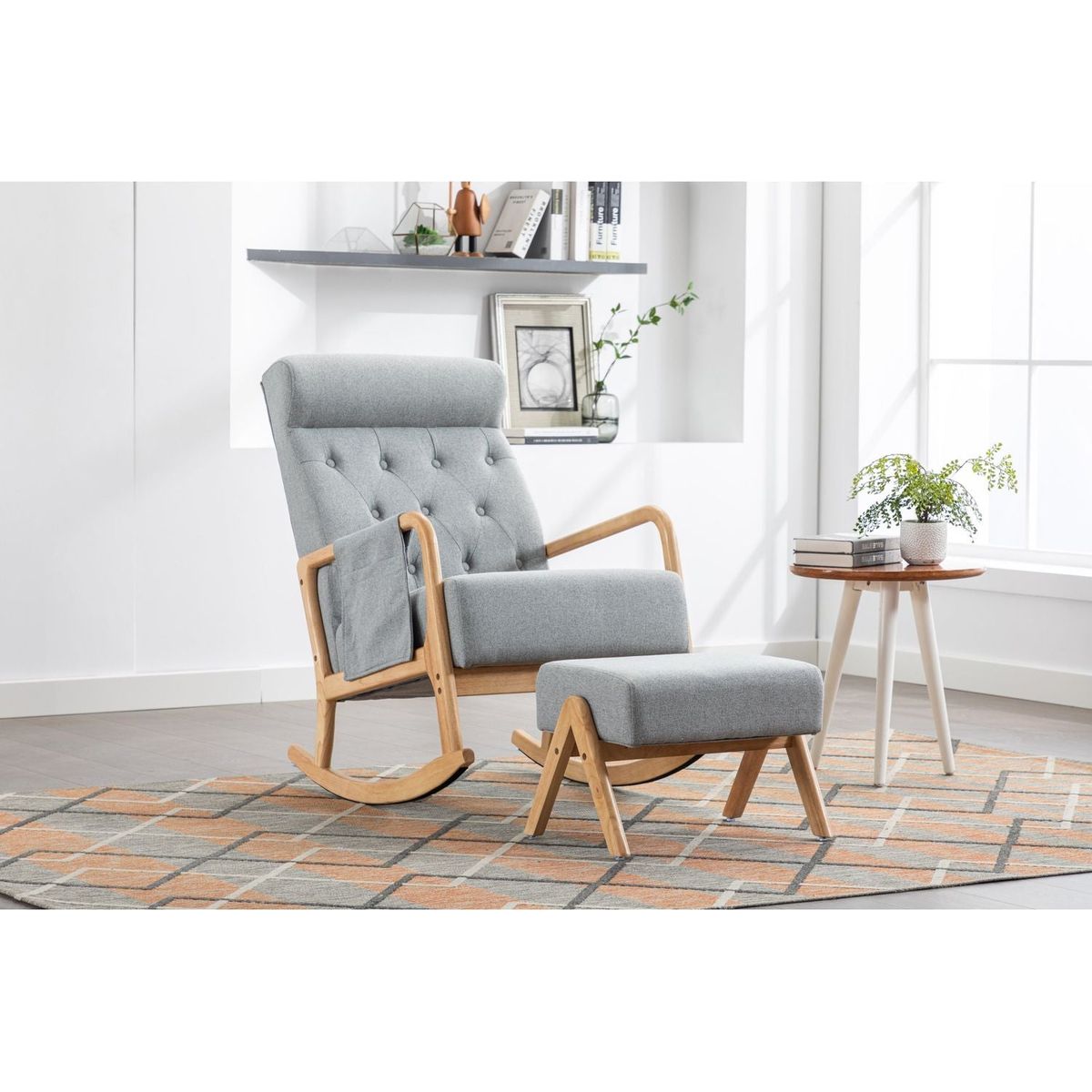 Rocking Chair With Ottoman, Mid-Century Modern Upholstered Fabric Rocking Armchair, Rocking Chair Nursery with Thick Padded Cushion, High Backrest Accent Glider Rocker Chair for Living Room