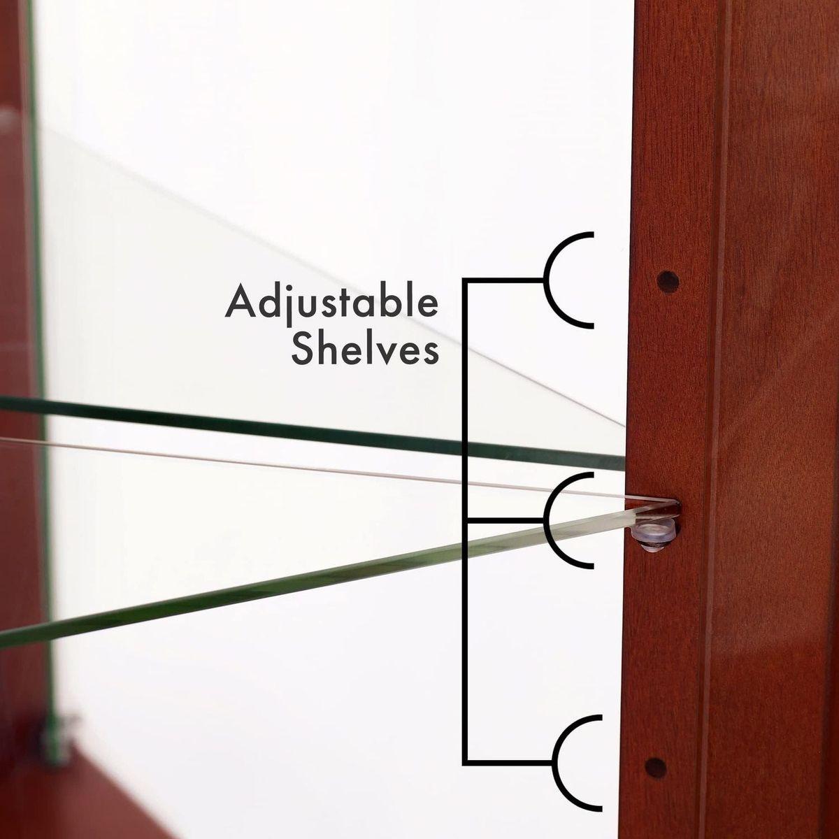 Corner Curio Dispaly Cabinet with Lights, Adjustable Tempered Glass Shelves, Mirrored Back,Cherry