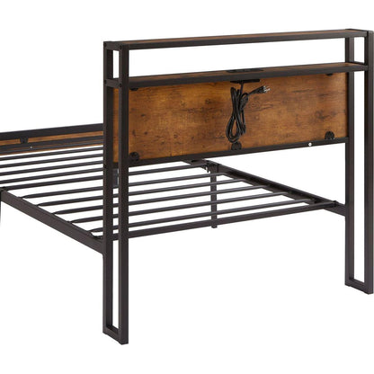 Twin Size Metal Platform Bed Frame with Wooden Headboard and Footboard with USB LINER, LED Lights, No Box Spring Needed, Large Under Bed Storage, Easy Assemble