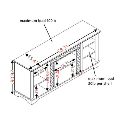 TV Media Stand with with Faux Stacked Stone Surround, Modern Entertainment Console with Open Storage Space, Cherry, 58.31"Wx15.39"Dx26.06"H