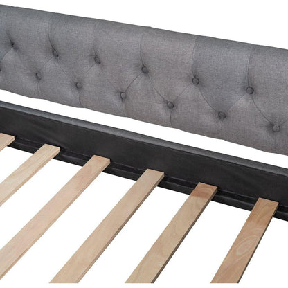 Upholstered daybed with Two Drawers, Wood Slat Support, Gray, Full Size