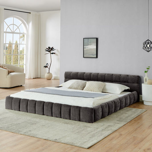 King size  Upholstered Bed Frame with Thick Fabric, Chenille Fabric Grounded Queen Size Platform Bed with Headboard and Solid Frame. No Box Spring Needed-Dark Gray(88.5''*85.5''*24'')