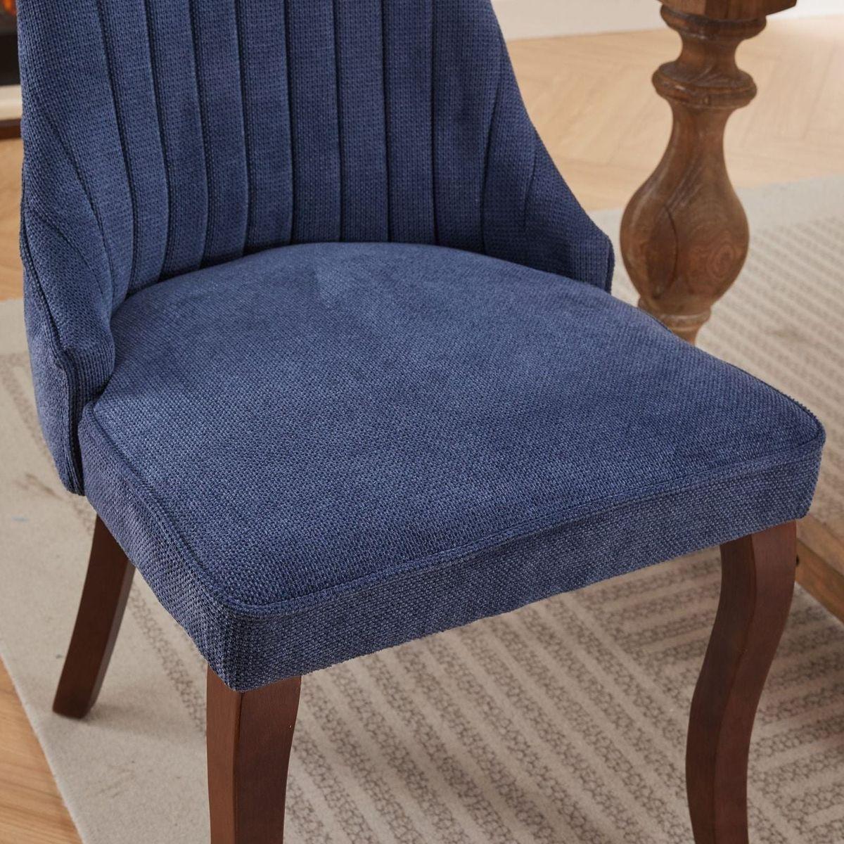 Rayon Cloth Flocking Linen Dining Chairs Channel Kitchen Dinner Chair Comfy Fabric Upholstered Accent Chair for Dining Room with Curved Solid Wood Legs,Set of 2 (Blue) - Streamdale Furniture