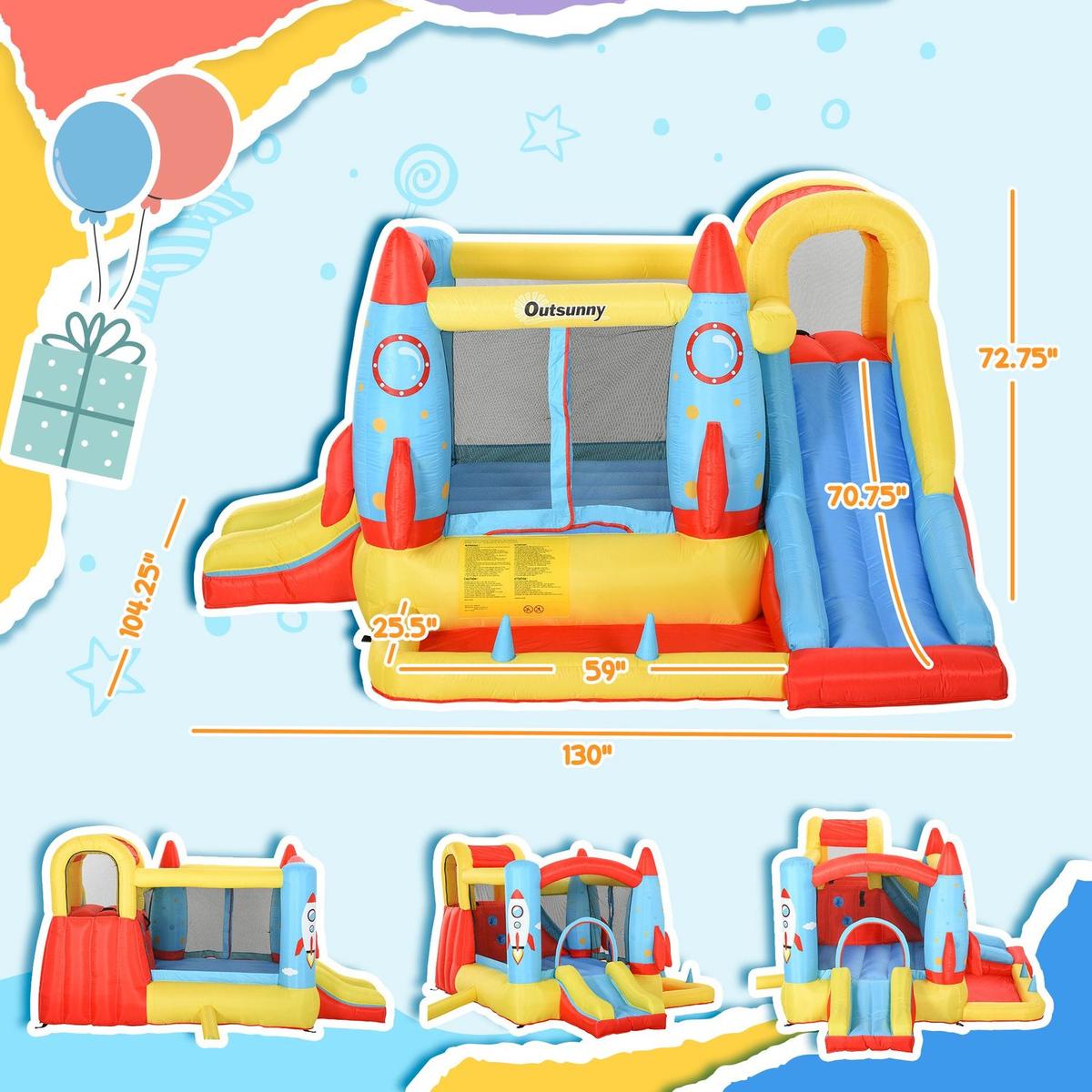 Kids Inflatable Water Slide, 4-in-1 Bounce House Jumping Castle with 2 Slides, Climbing Wall, Trampoline, & Water Pool Area, Air Blower