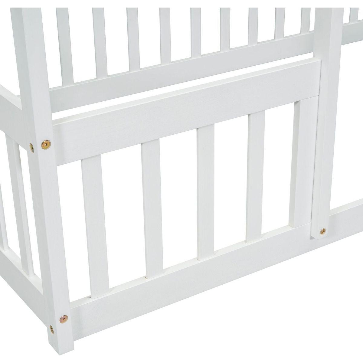 Twin Wood House-Shaped Floor Bed with Fence, Guardrails, White