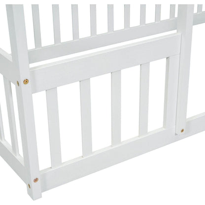 Twin Wood House-Shaped Floor Bed with Fence, Guardrails, White