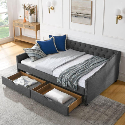 Full Size Daybed with Drawers Upholstered Tufted Sofa Bed, with Button on Back and Copper Nail on Waved Shape Arms(80.5"x55.5"x27.5")