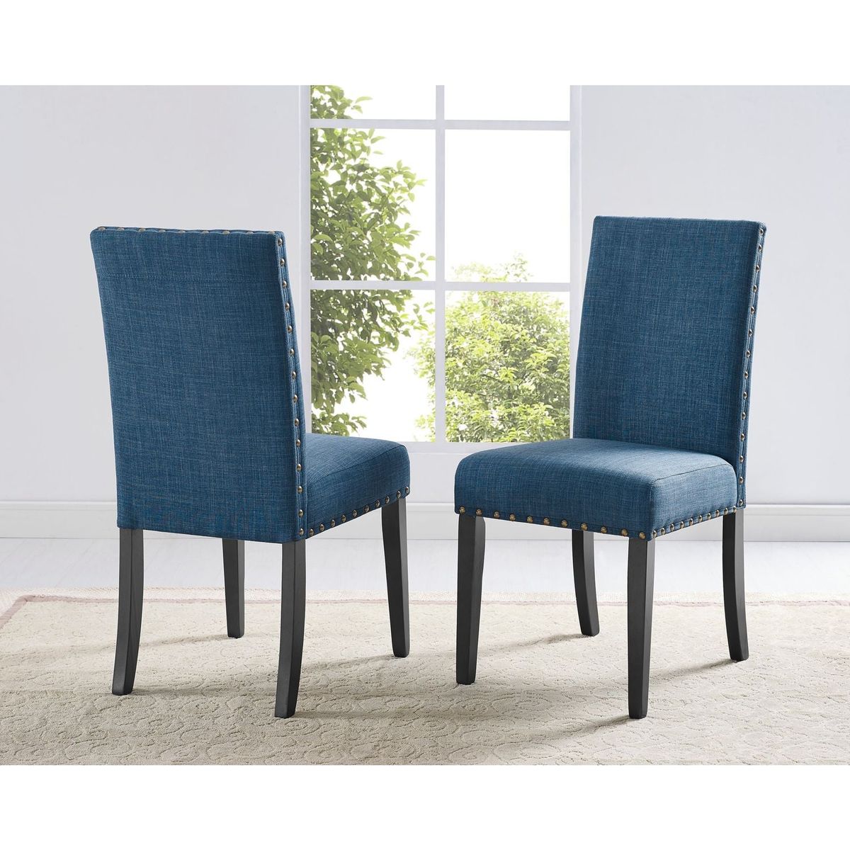 Biony Fabric Dining Chairs with Nailhead Trim, Set of 2, Blue