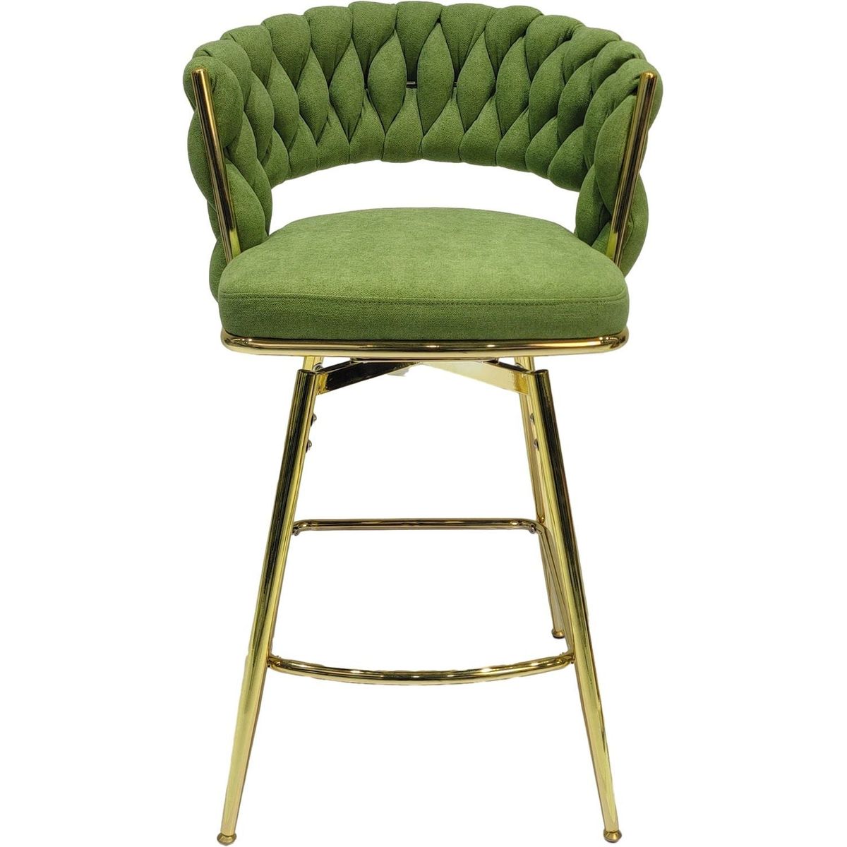 Bar Chair Linen Woven Bar Stool Set of 4,Golden legs Barstools No Adjustable Kitchen Island Chairs,360 Swivel Bar Stools Upholstered Bar Chair Counter Stool Arm Chairs with Back Footrest, (Green)