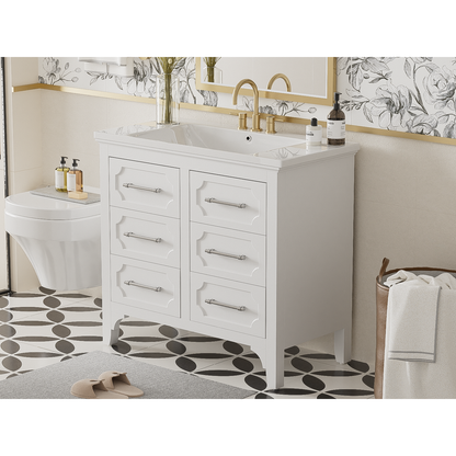 36" Bathroom Vanity with Resin Sink Combo, Free Standing Single Vanity Set with Four Drawers, Solid Wood Frame Bathroom Storage Cabinet