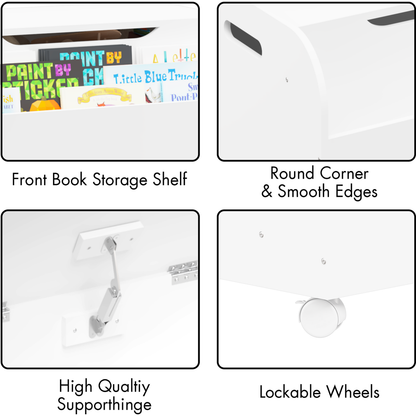 Wooden Toy Box with 4 Universal Wheels, Kids Toy Storage Organizer with Front Bookshelf, Flip-Top Lid, Safety Hinge, Boys Girls Toy Chest Bench for Playroom Kids Room Organization (White)