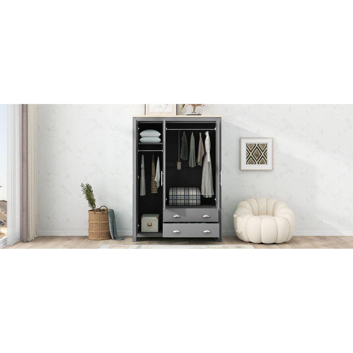 Three Door Storage Wardrobe with Cabinets and Two Hanging Rods,Gray