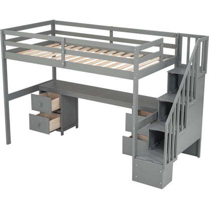 Twin Size Loft Bed Frame with Built-in Desk and Double Storage Drawers,Gray