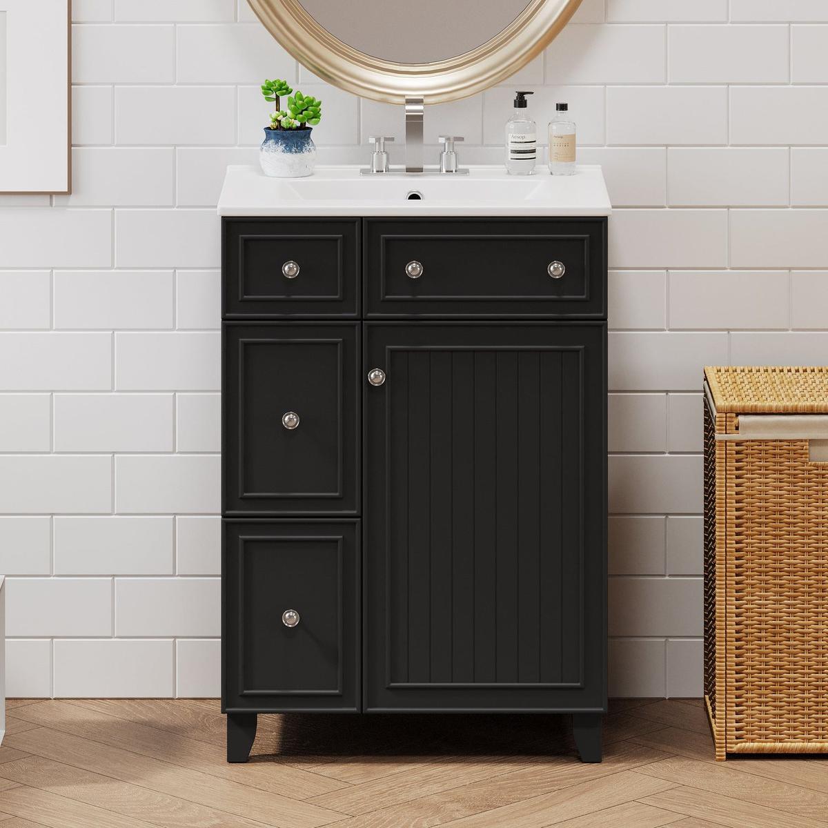 24-Inch Bathroom Vanity Cabinet with Ceramic Sink, 2 Drawers, 1 Door