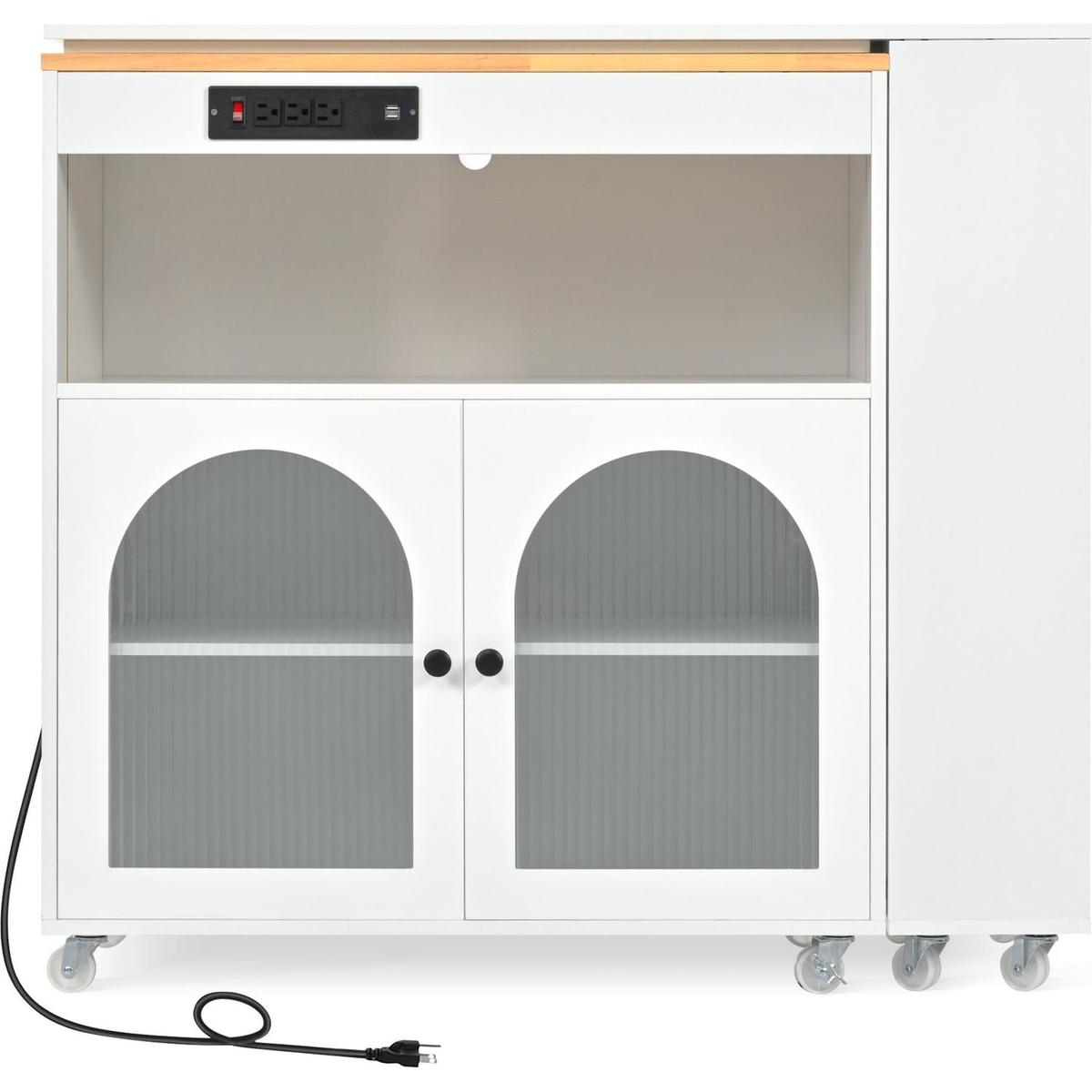 Rolling Kitchen Island With Movable Extended Table, Kitchen Cabinet on Wheels with Power Outlets and 2 Fluted Glass Doors, Kitchen Island with a Storage Compartment and Side 3 Open Shelves, White