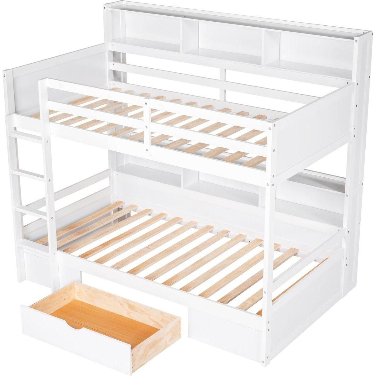 Twin Size Bunk Bed with Built-in Shelves Beside both Upper and Down Bed and Storage Drawer,White