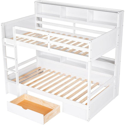 Twin Size Bunk Bed with Built-in Shelves Beside both Upper and Down Bed and Storage Drawer,White