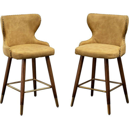 Nevis Mid-century Modern Faux Leather Tufted Nailhead Trim Counter Stool Set of 2, Yellow