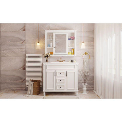 36" Bathroom Vanity with Top Sink, White Mirror Cabinet, Modern Bathroom Storage Cabinet with 2 Soft Closing Doors and 2 Drawers, Single Sink Bathroom Vanity