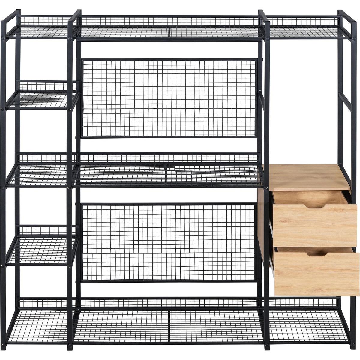 Open-Style Wardrobe with Hanging Rails, Shelves and Drawers, Black