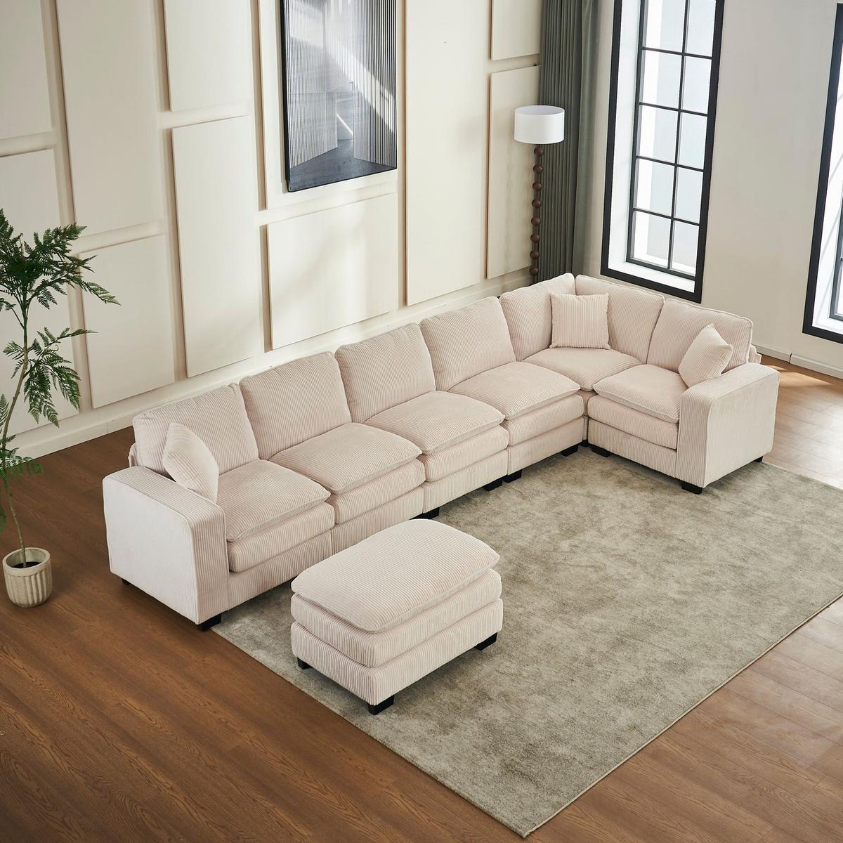 Modern U Shaped 6-seat Sectional Sofa Couch with one Ottoman and three toss pillows, Modular Sofa for Living Room,Corduroy sofa