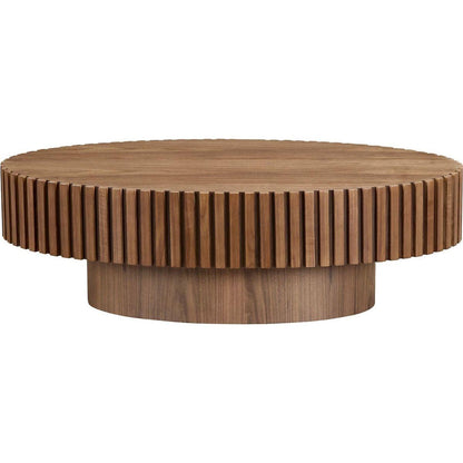 Modern Handcraft Drum Coffee Table Length 43.7 inch Round Coffee Table for Living Room,Small Coffee Table with Sturdy Pedestal,Walnut MDF