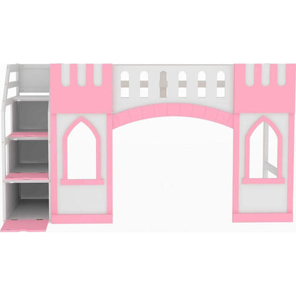 Twin Size Loft Bed with Storage Staircase and Window, Pink