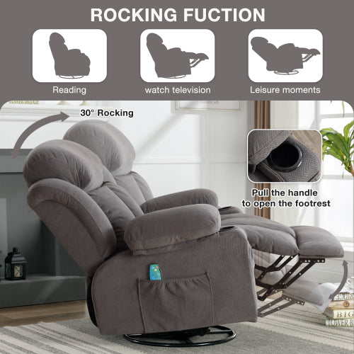 Swinging recliner massage heated sofa, with USB and 2 cup holders in side pockets, PackageA+B (GREY)