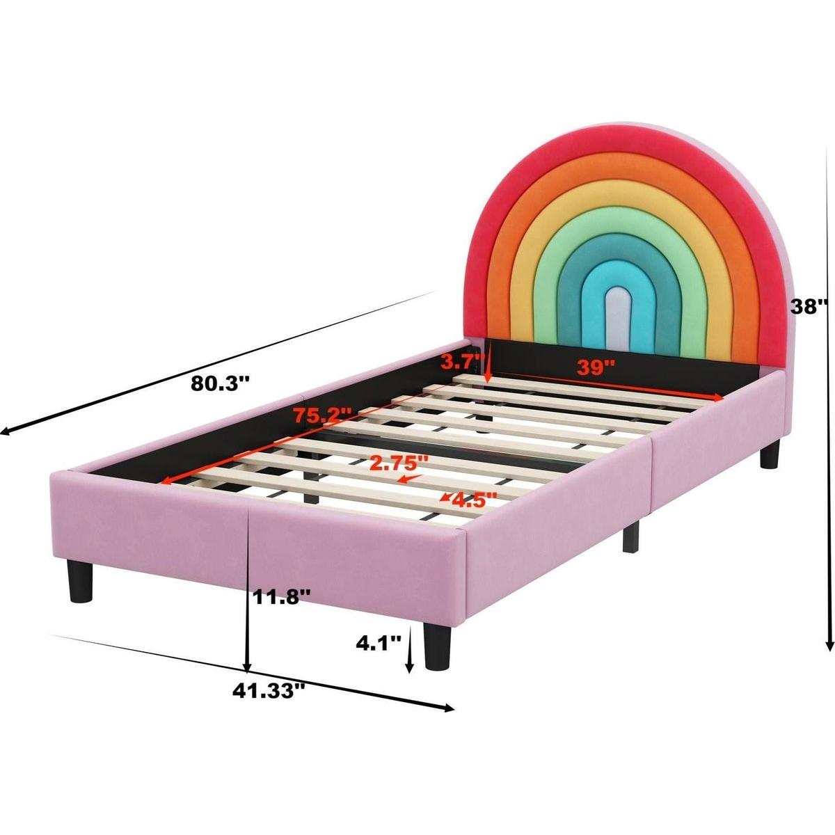 Rainbow Design Upholstered Twin Platform Bed Cute Style Princess Bed for Boys & Girls, Teens, Colorful & Pink