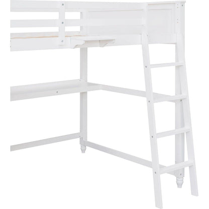 Full size Loft Bed with Drawers and Desk, Wooden Loft Bed with Shelves - White