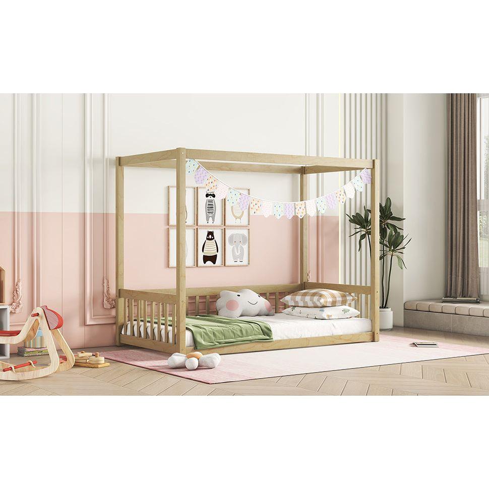 Twin Size Canopy Frame Floor Bed with Fence, Guardrails,Natural